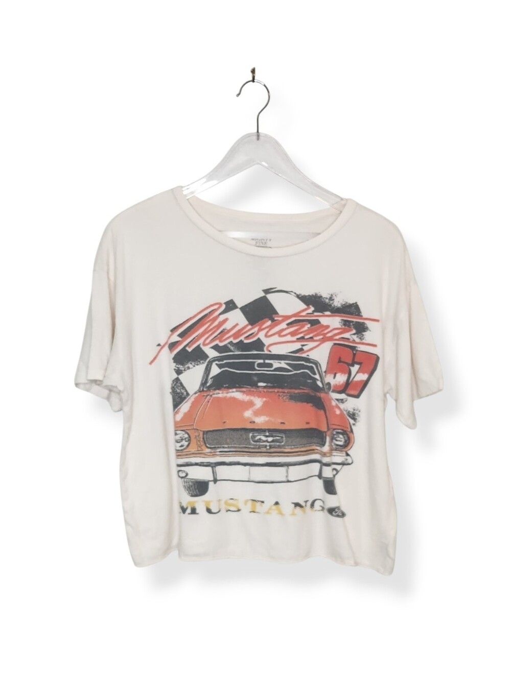 Vintage Mighty Fine Ford Cropped White Tee with Orange Mustang Graphic Medium